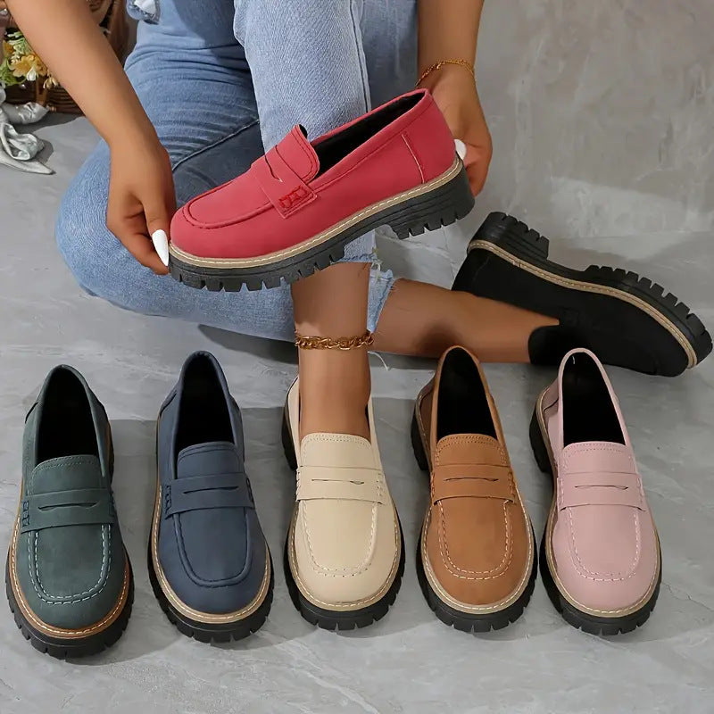 Women's Plus Size Casual Retro Suede Loafers with Chunky Heel Platform